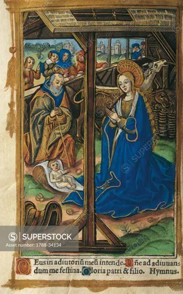 The Nativity, miniature from a Latin Book of Hours, manuscript C 1268 folio 24 verso, 16th Century.