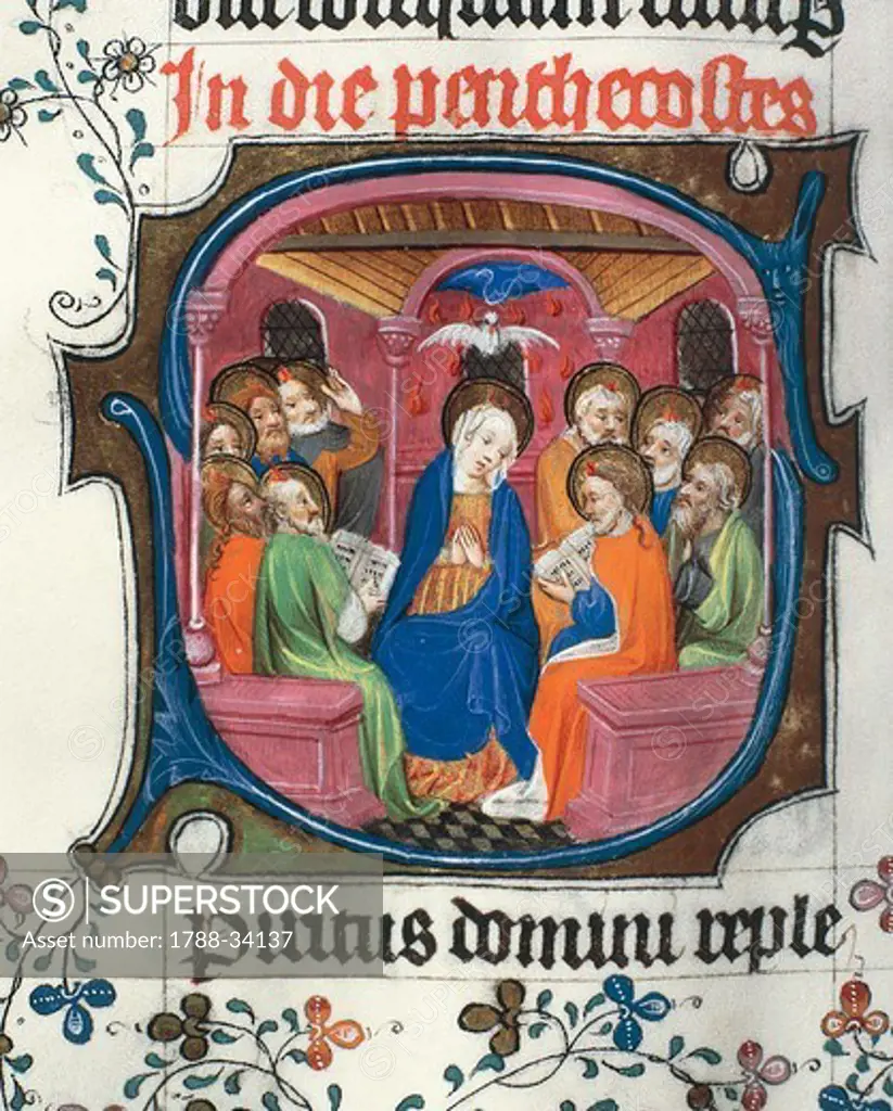 Initial capital letter with the Pentecost, miniature from the Missal by Meester Pancratius, manuscript folio 73 verso, 15th Century.