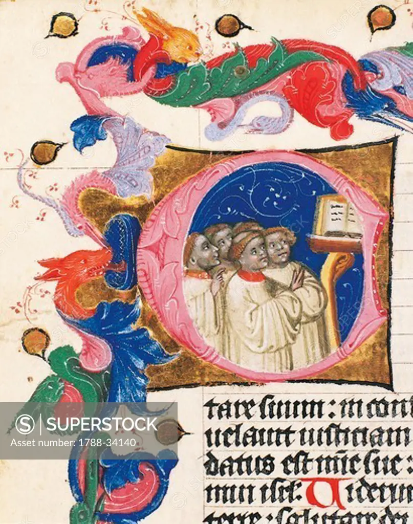 Capital letter illumination with pupils of the school of the man who sing, miniature from Breviario del patriarca, by Aquileia Ludovico Teck, manuscript C 237 folio 70 verso, ca 1350.