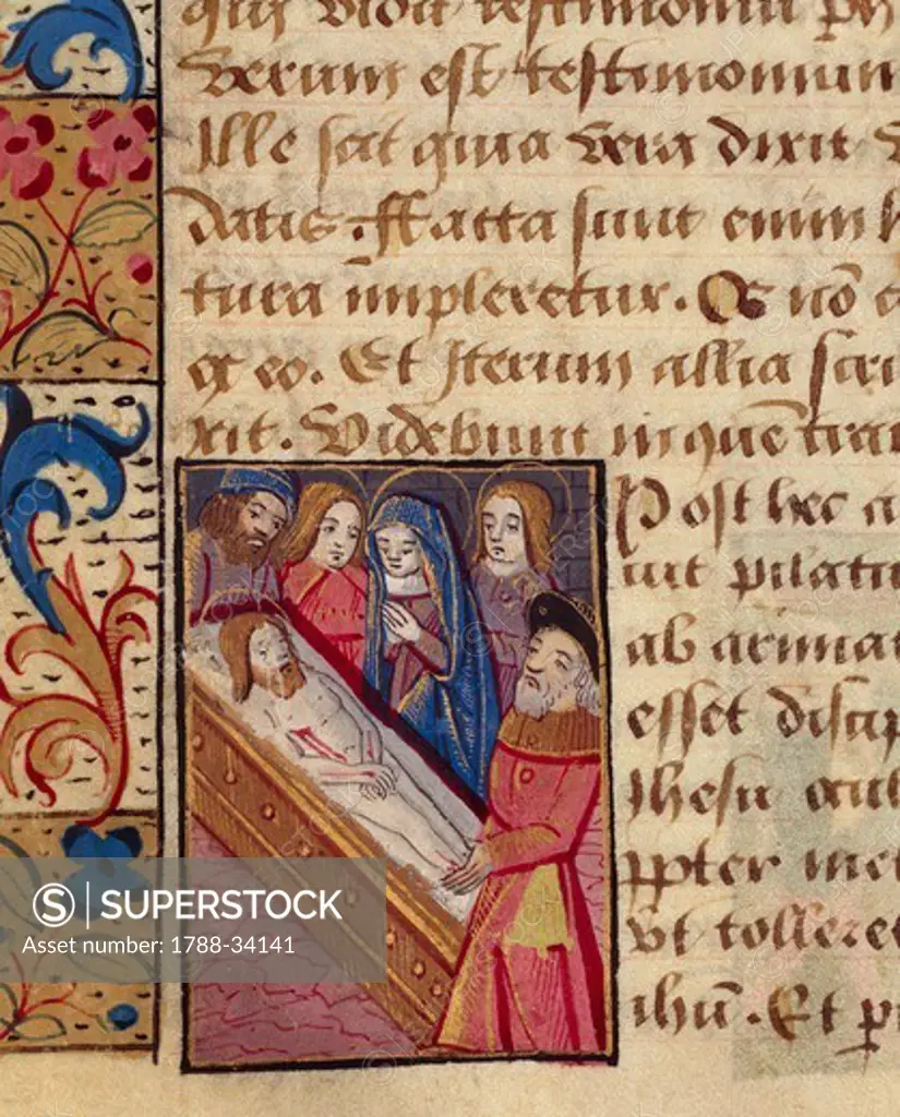 The deposition of Christ in the tomb, miniature from the Book of Hours (Use of Poitiers), Latin and French manuscript illustrated by a student of Robinet Testard, manuscript 1097 folio 80 verso, France end of 15th Century.