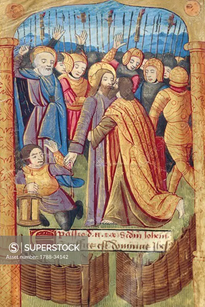 The Kiss of Judas, miniature from the Book of Hours (Use of Poitiers), Latin and French manuscript illustrated by a student of Robinet Testard, manuscript 1097 folio 76 recto, France end of 15th Century.