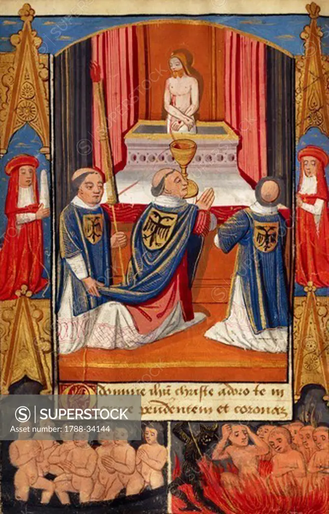 St Gregory's five sermons, miniature from the Book of Hours (Use of Poitiers), Latin and French manuscript illustrated by a student of Robinet Testard, manuscript 1097 folio 73 verso, France end of 15th Century.