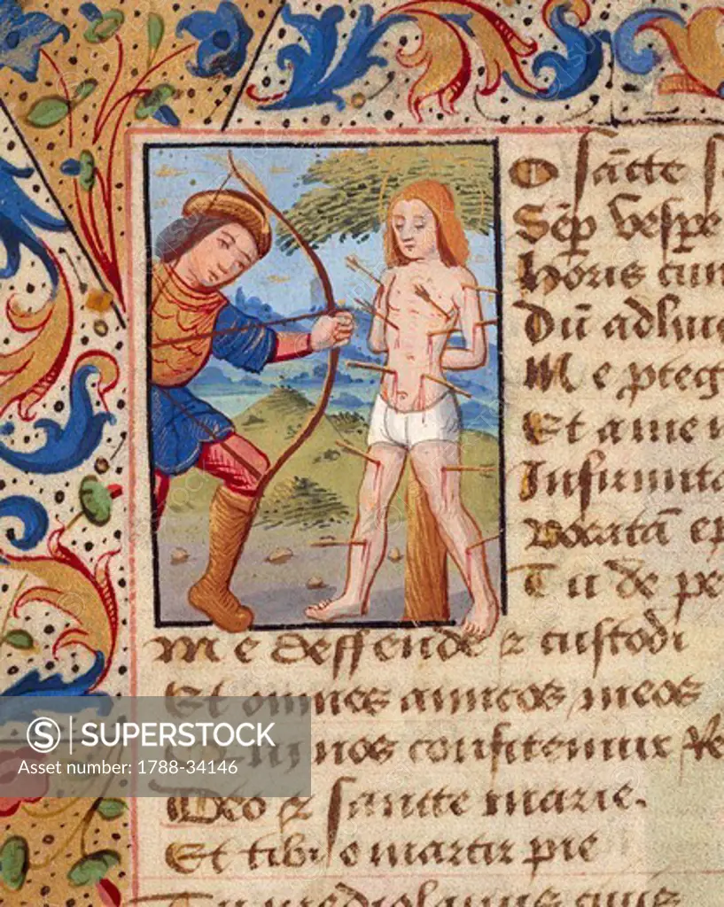 St Sebastian, miniature from the Book of Hours (Use of Poitiers), Latin and French manuscript illustrated by a student of Robinet Testard, manuscript 1097 folio 64 verso, France end of 15th Century.