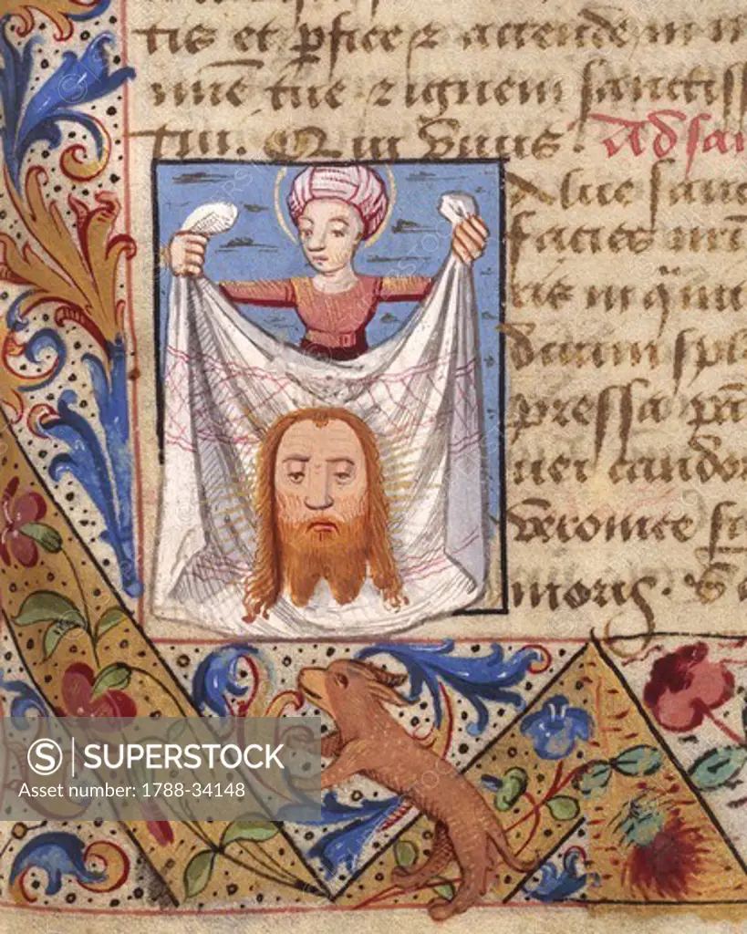 St Veronica holding the sacred shroud, miniature from the Book of Hours (Use of Poitiers), Latin and French manuscript illustrated by a student of Robinet Testard, manuscript 1097 folio 61 verso, France end of 15th Century.