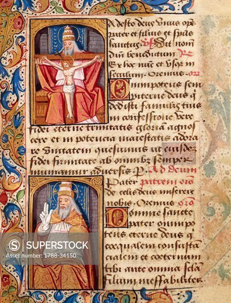 The Holy Trinity, God the Father, miniature from the Book of Hours Use of Poitiers, Latin and French manuscript illustrated by a student of Robinet Testard, manuscript 1097 folio 60 verso, France end of 15th Century.