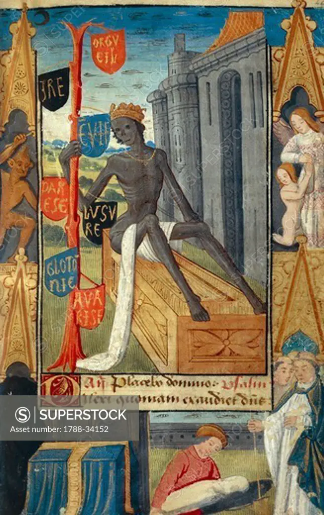 Death holding the tree of vanity, miniature from the Book of Hours Use of Poitiers, Latin and French manuscript illustrated by a student of Robinet Testard, manuscript 1097 folio 46 recto, France end of 15th Century.