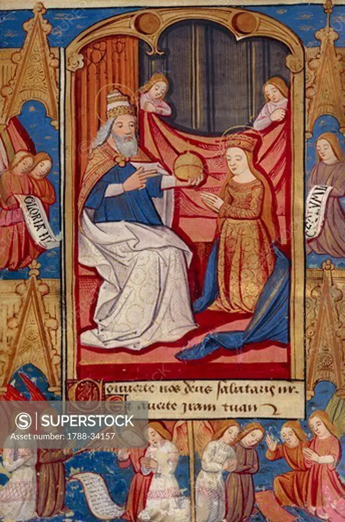 The Coronation of the Virgin Mary, miniature from the Book of Hours Use of Poitiers, Latin and French manuscript illustrated by a student of Robinet Testard, manuscript 1097 folio 35 verso, France end of 15th Century.