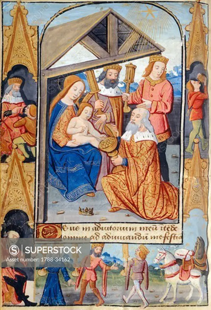 Adoration of the Magi, miniature from the Book of Hours Use of Poitiers, Latin and French manuscript illustrated by a student of Robinet Testard, manuscript 1097 folio 27 verso, France end of 15th Century.