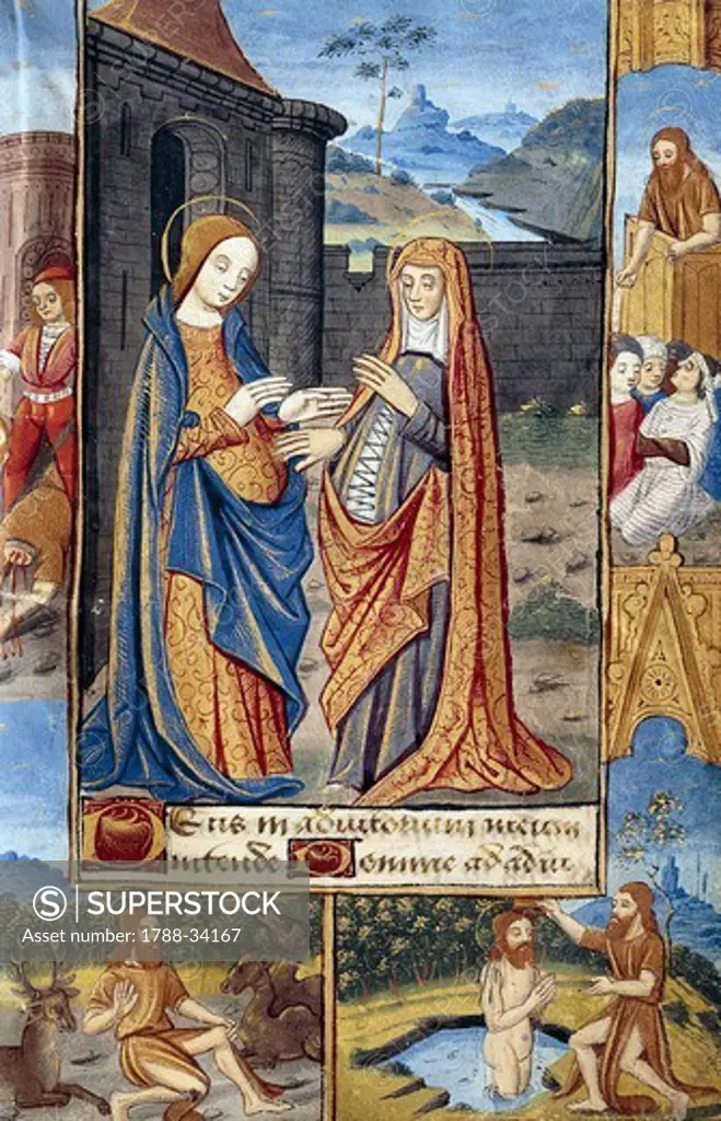 The visitation,the life of John the Baptist, miniature from the Book of Hours Use of Poitiers, Latin and French manuscript illustrated by a student of Robinet Testard, manuscript 1097 folio 16 recto, France end of 15th Century.