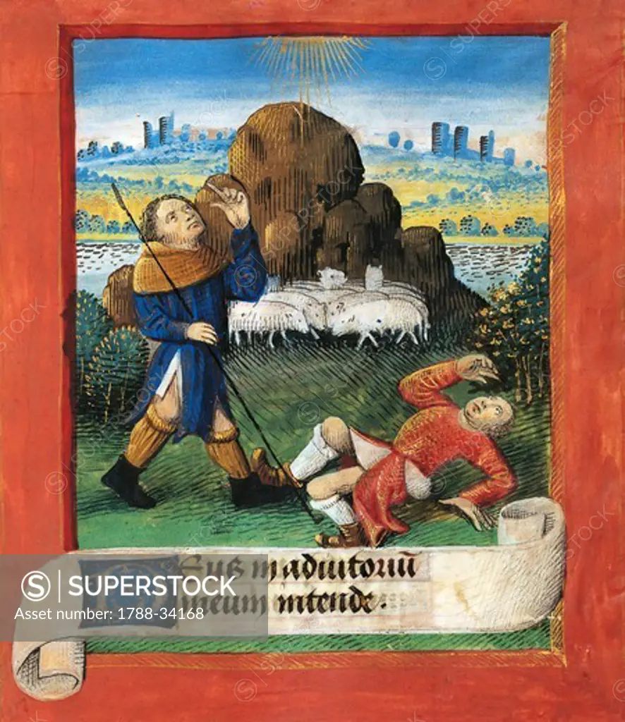 Announcement to the shepherds, miniature from the Book of Hours Use of Poitiers, Latin and French manuscript, attributed to Evrard d'Espinques, manuscript 1096 folio 73 recto, France end of 15th Century.