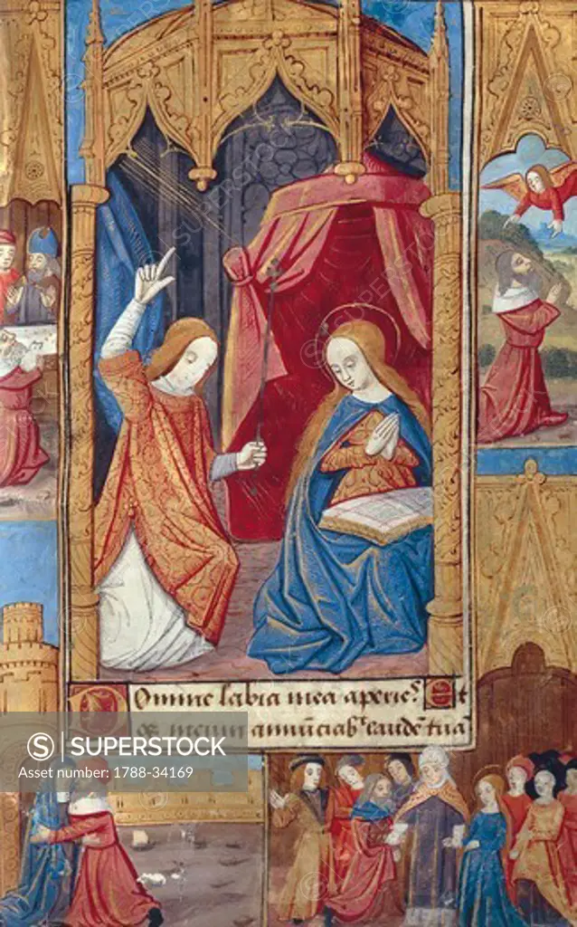 The annunciation, miniature from the Book of Hours Use of Poitiers, Latin and French manuscript illustrated by a student of Robinet Testard, manuscript 1097 folio 11 recto, France end of 15th Century.