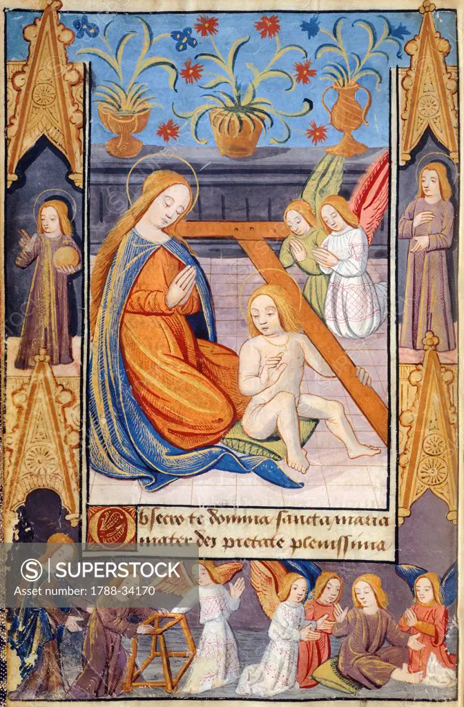 The Virgin Mary and the Baby Jesus, miniature from the Book of Hours Use of Poitiers, Latin and French manuscript illustrated by a student of Robinet Testard, manuscript 1097 folio 4 verso, France end of 15th Century.