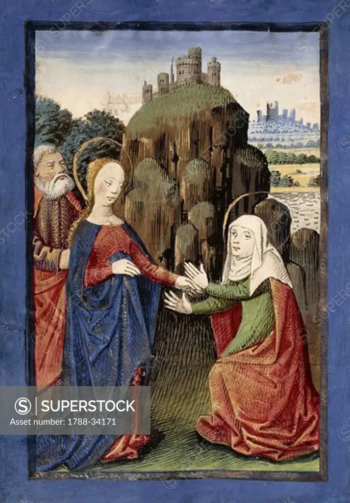 The visitation, miniature from the Book of Hours (Use of Poitiers), Latin and French manuscript, attributed to Evrard d'Espinques, manuscript 1096 folio 55 verso, France end of 15th Century.