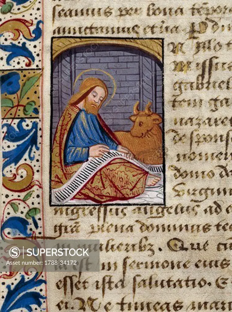 St Luke, miniature from the Book of Hours Use of Poitiers, Latin and French manuscript illustrated by a student of Robinet Testard, manuscript 1097 folio 2 recto, France end of 15th Century.