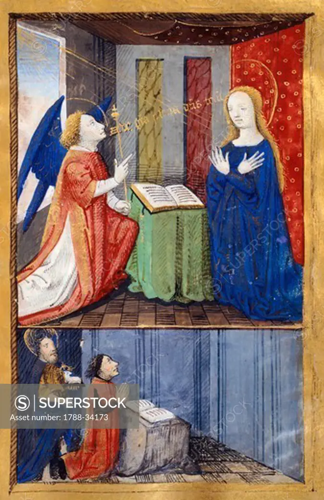 The annunciation, Saint John the Baptist and a donor, miniature from the Book of Hours Use of Poitiers, Latin and French manuscript, attributed to Evrard d'Espinques, manuscript 1096 folio 43 recto, France end of 15th Century.
