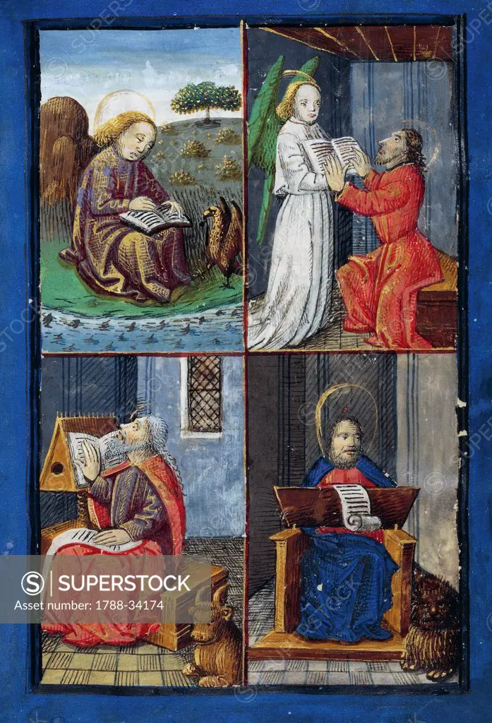The four Evangelists, miniature from the Book of Hours Use of Poitiers, Latin and French manuscript, attributed to Evrard d'Espinques, manuscript 1096 folio 13 recto, France end of 15th Century.