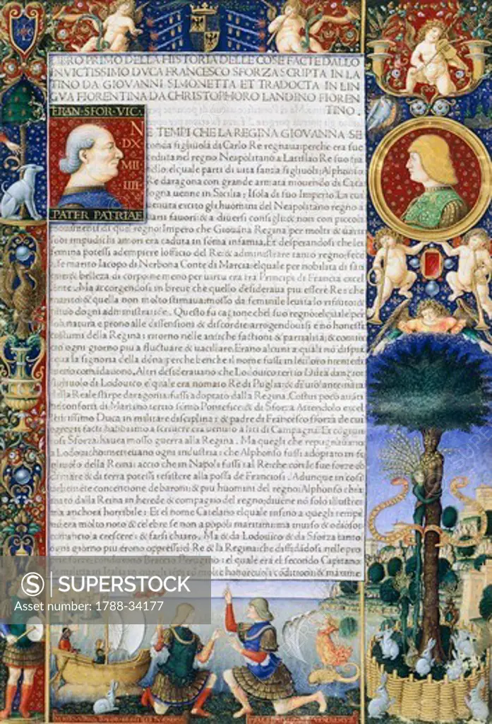 Sforziade: The history of things done by Duke Francesco Sforza of Giovanni Simonetta, Velins manuscript 724 folio 1 B recto, published by Antonio Zarotto, Milan, 1490.