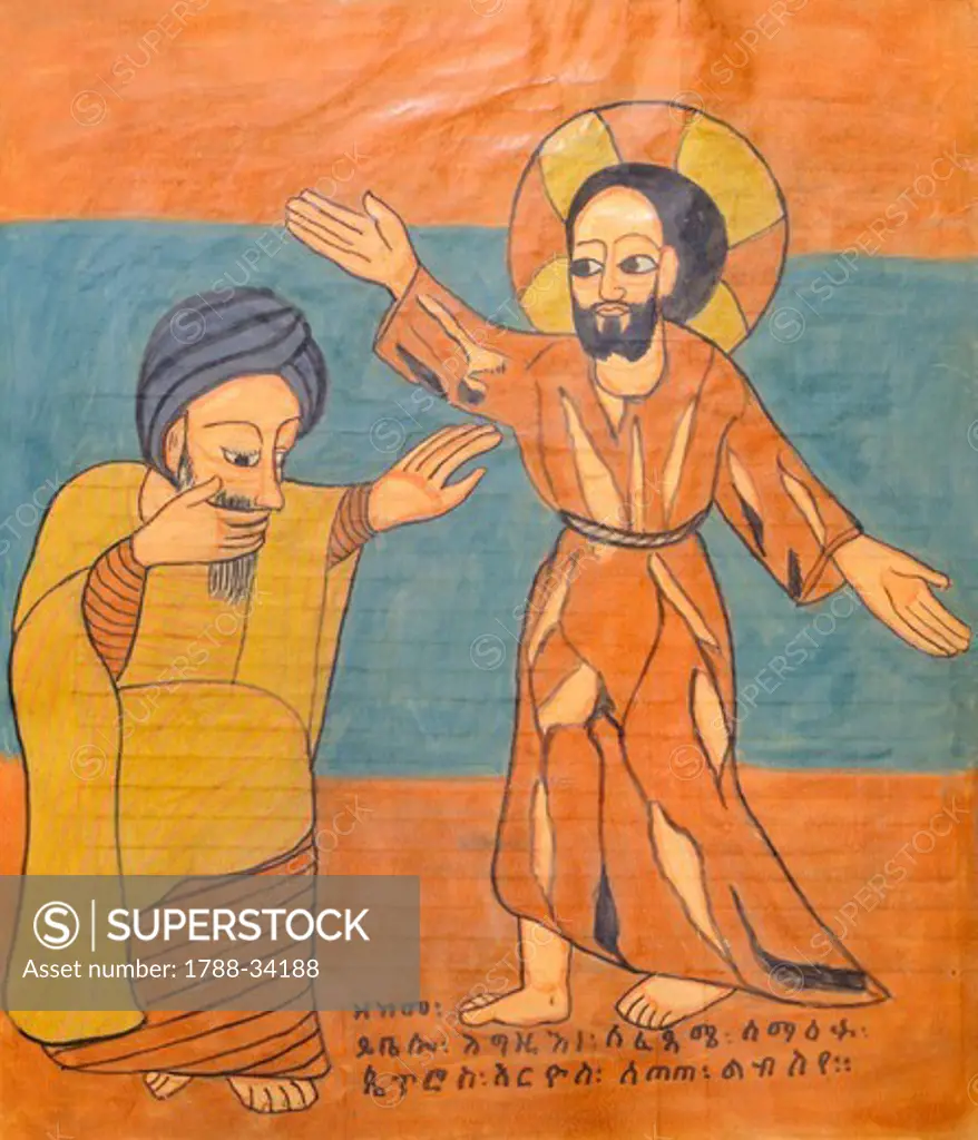 The doubting of Saint Thomas, miniature from a liturgical parchment book, Coptic manuscript, 18th-19th Century.