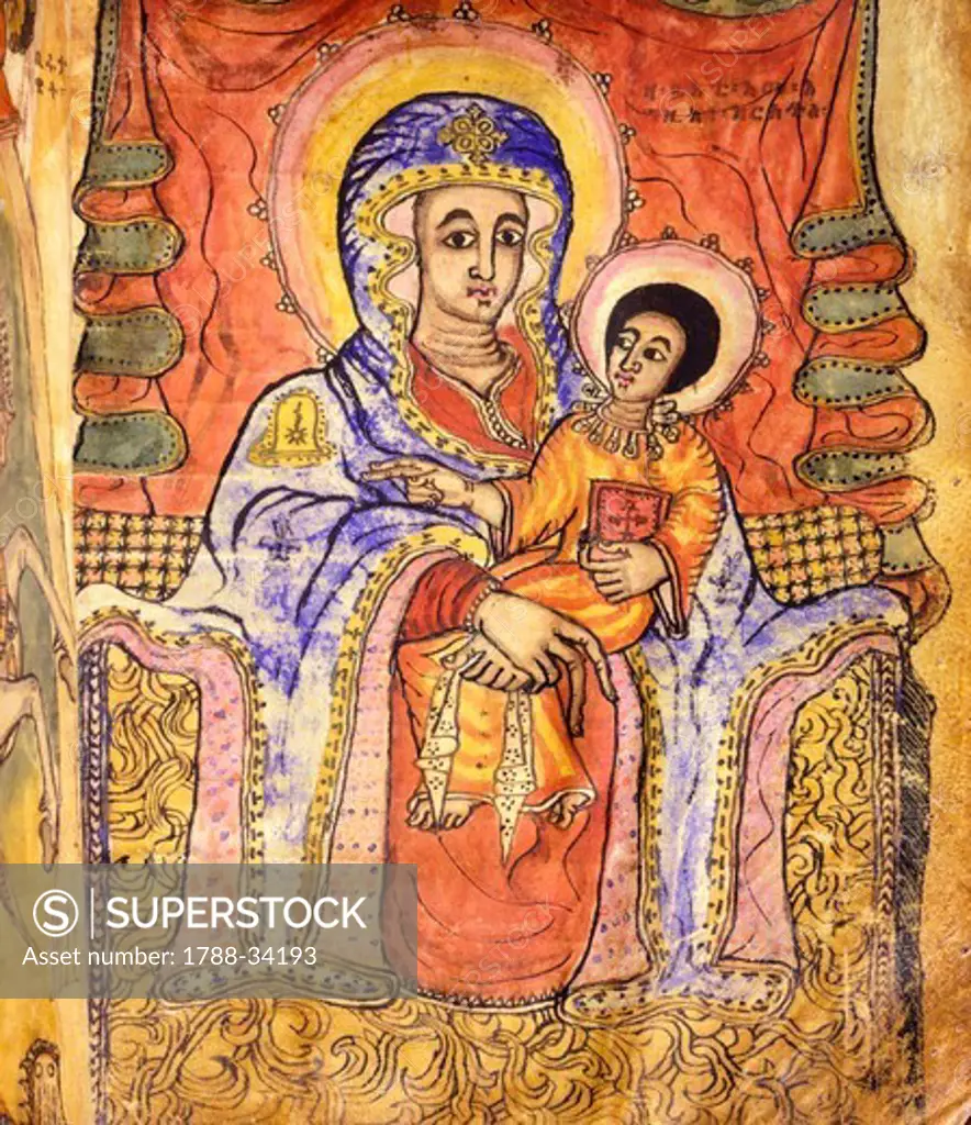 Madonna and child enthroned, miniature, Coptic art, 18th Century.
