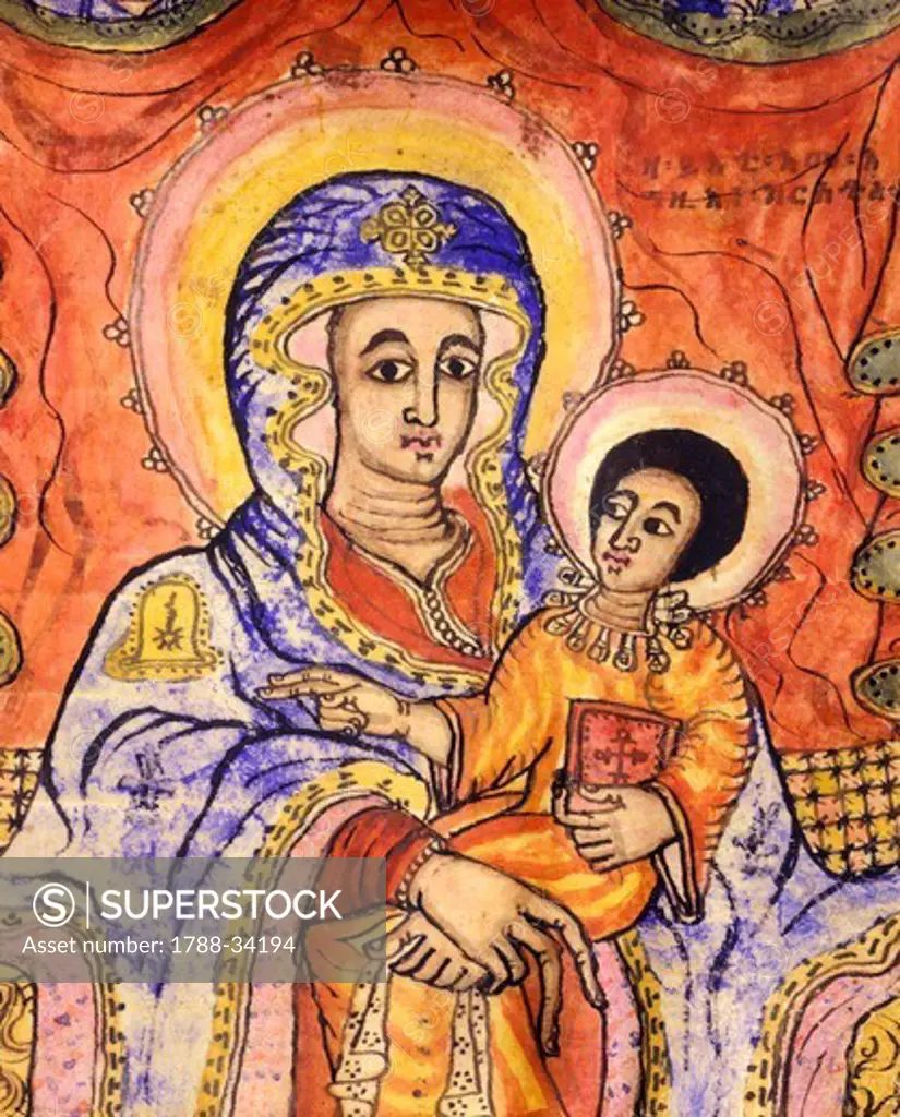 Madonna and child enthroned, miniature, Coptic art, 18th Century. Detail.