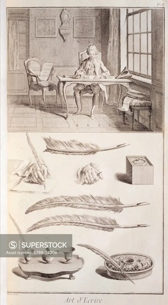 Plate showing man at writing desk, quills and inkwells. Engraving from Denis Diderot, Jean Baptiste Le Rond d'Alembert, L'Encyclopedie, 1751-1757. Entitled Art d'Ecrire (The art of writing).