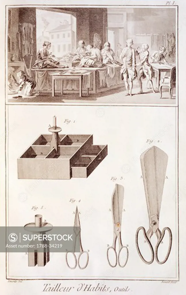 Plate showing a tailor workshop and tools. Engraving from Denis Diderot, Jean Baptiste Le Rond d'Alembert, L'Encyclopedie, 1751-1757. Entitled Tailleur d'habits (Tailor of suits).