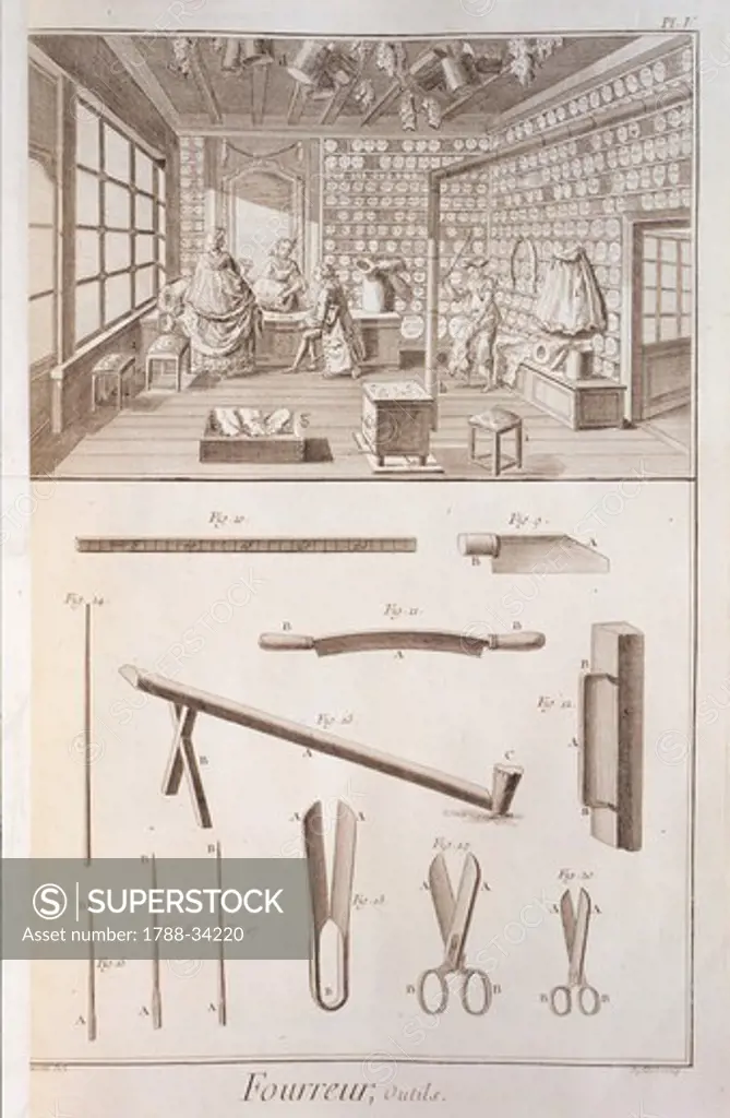 Plate showing a furrier workshop and tools. Engraving from Denis Diderot, Jean Baptiste Le Rond d'Alembert, L'Encyclopedie, 1751-1757. Entitled Fourreur (Furrier).