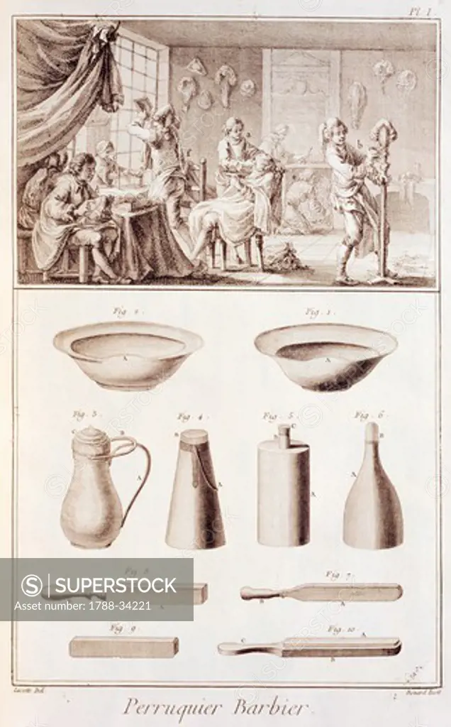 Plate showing wigmaker and barber workshop and tools. Engraving from Denis Diderot, Jean Baptiste Le Rond d'Alembert, L'Encyclopedie, 1751-1757. Entitled Perruquier-Barbier (Wigmaker, Barber).