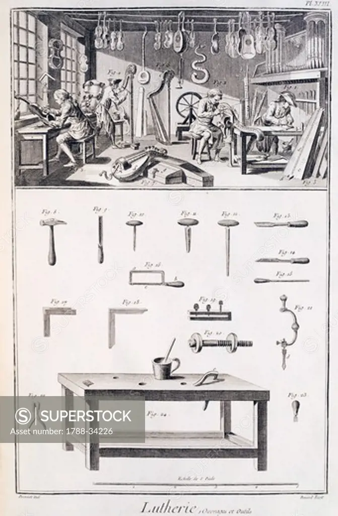Plate showing the fabrication of music instruments, workshop and tools. Engraving from Denis Diderot, Jean Baptiste Le Rond d'Alembert, L'Encyclopedie, 1751-1757. Entitled Lutherie (Music Instruments Making).