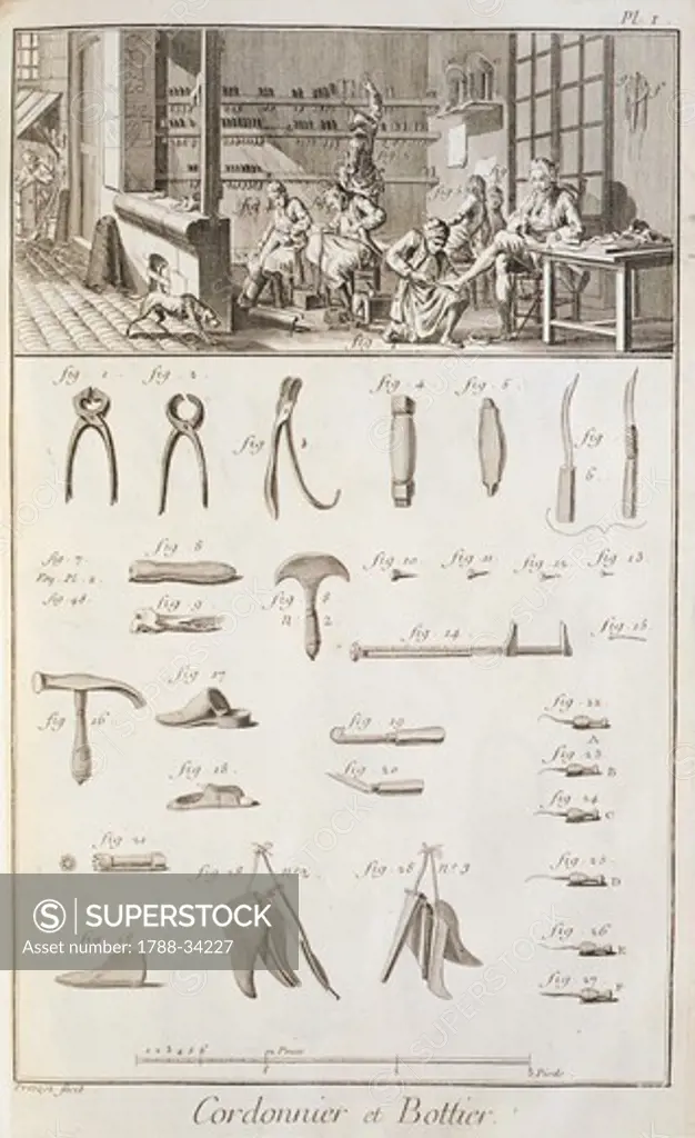 Plate showing shoemaker workshop and tools. Engraving from Denis Diderot, Jean Baptiste Le Rond d'Alembert, L'Encyclopedie, 1751-1757. Entitled Cordonnier et Bottier (Shoe and Boot Maker).