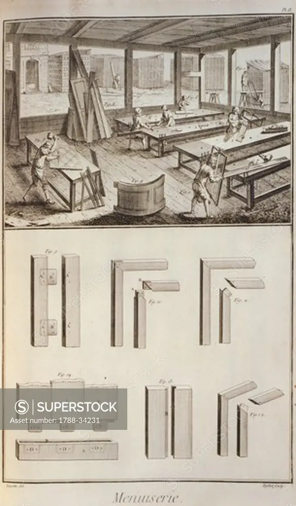 A joiner's workshop with workers occupied with different tasks. Engraving from Denis Diderot, Jean Baptiste Le Rond d'Alembert, L'Encyclopedie, 1751-1757. Entitled Menuiserie (Joinery).