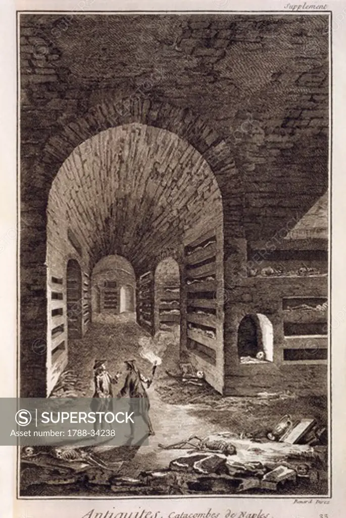 Plate showing catacombs of Naples. Engraving from Denis Diderot, Jean Baptiste Le Rond d'Alembert, L'Encyclopedie, 1751-1757.