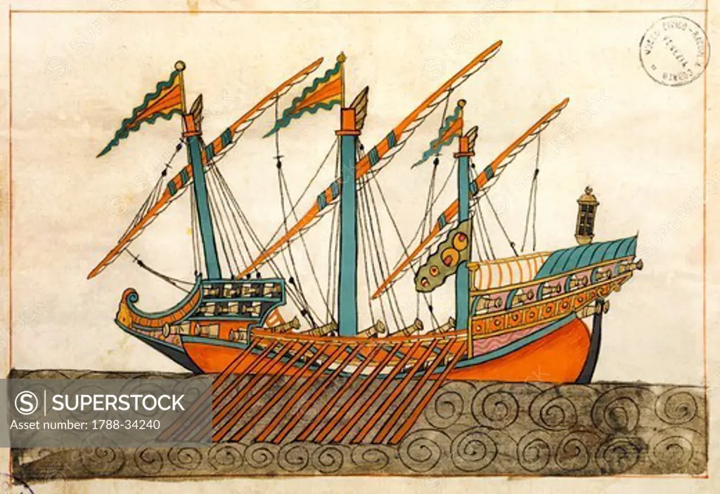 War-galleon with just one light, miniature from Turkish Memories, Arabic manuscript, Cicogna Codex, Turkey 17th Century.