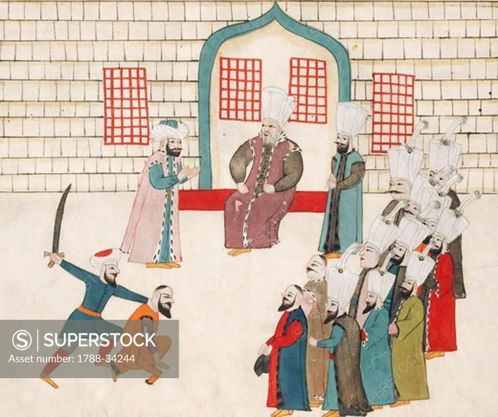 Execution witnessed by dignitaries from the court, miniature from Turkish Memories, Arabic manuscript Cicogna Codex, Turkey 17th Century.