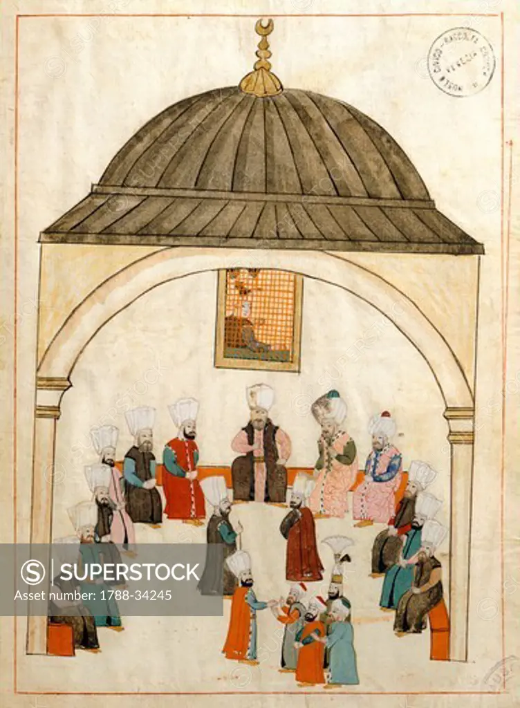 The hall of the large sofa, where the court dignitaries used to meet, high up on the wall was a grate for spying and eavesdropping in the meetings below, miniature from Turkish Memories, Arabic manuscript, Cicogna Codex, Turkey 17th Century.