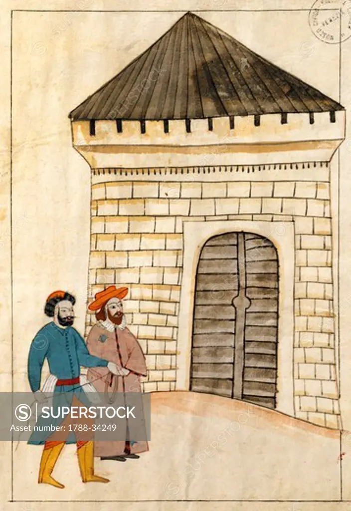 The Venetian ambassador to Constantinople is imprisoned in the Great Tower on the Bosphorus, miniature from Turkish Memories, Arabic manuscript, Cicogna Codex, Turkey 17th Century.