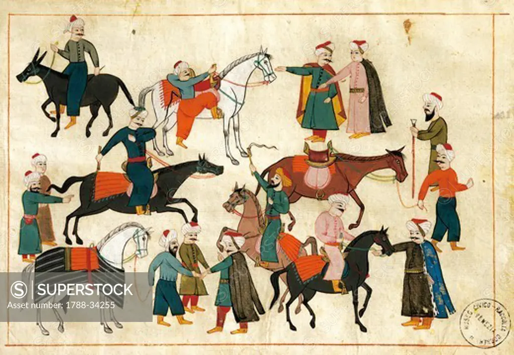 The horse market in Istanbul, miniature from Turkish Memories, Arabic manuscript, Cicogna Codex, Turkey 17th Century.