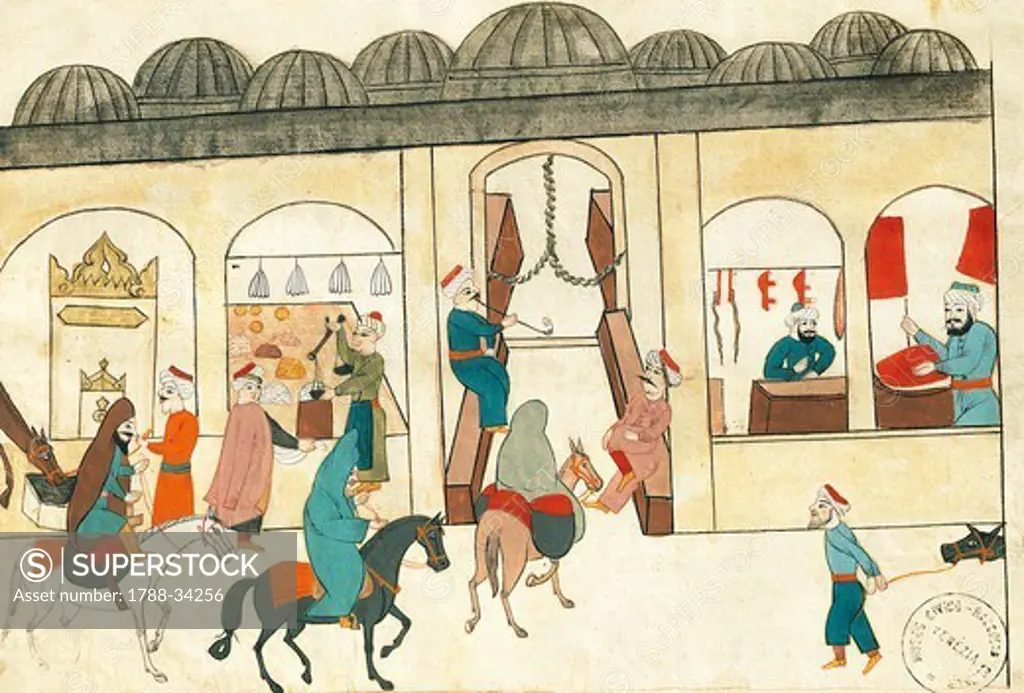 The covered bazaar in Istanbul, miniature from Turkish Memories, Arabic manuscript, Cicogna Codex, Turkey 17th Century.
