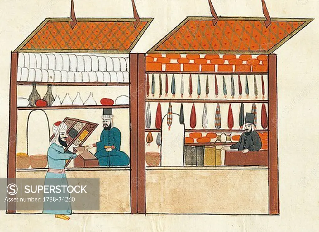 Merchants with their stalls in the bazaar in Constantinople, miniature from Turkish Memories, Arabic manuscript, Cicogna Codex, Turkey 17th Century.