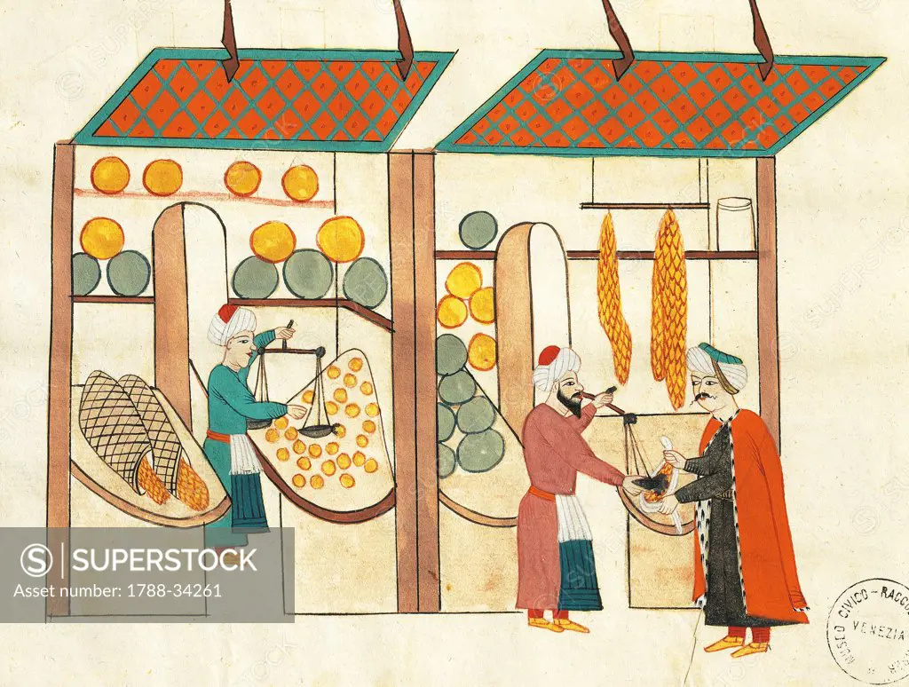 Merchants with their stalls in the bazaar in Constantinople, miniature from Turkish Memories, Arabic manuscript, Cicogna Codex, Turkey 17th Century.