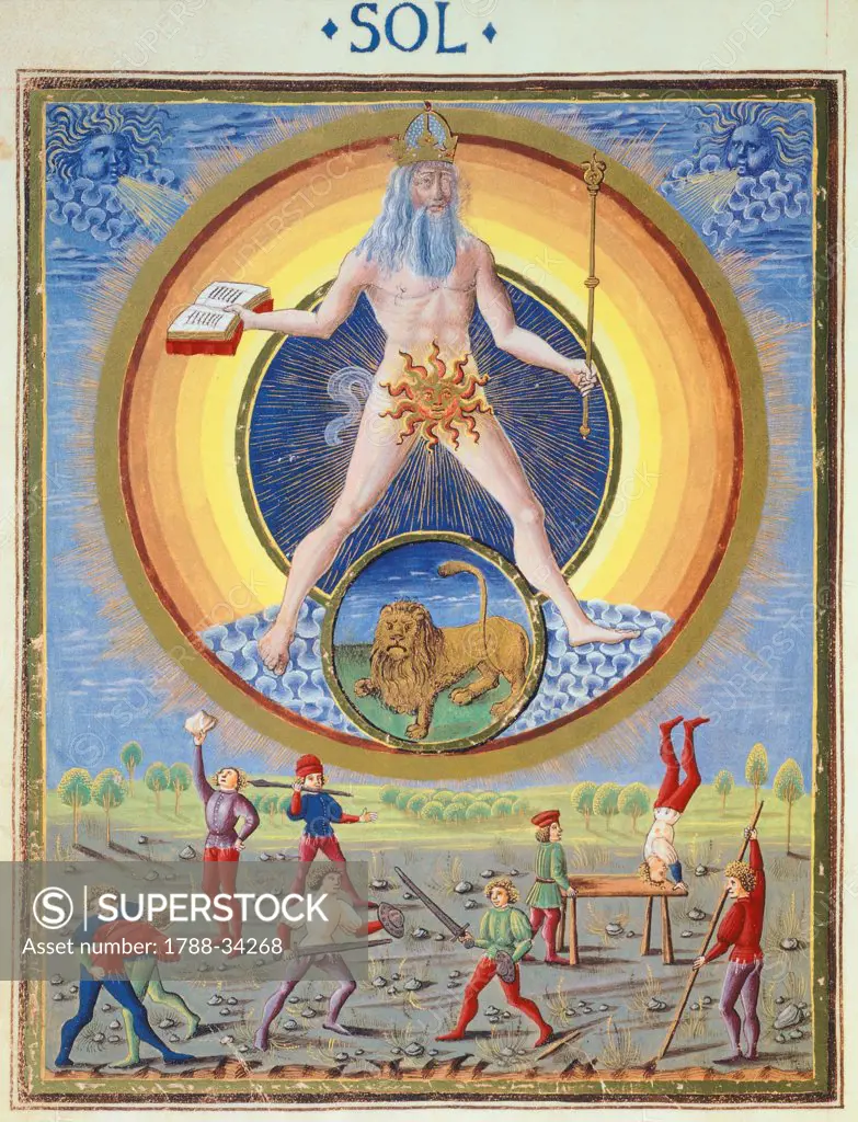 The sun and different physical and sporting endeavours, miniature from De Sphaera by Leonardo Dati, Latin Manuscript folio 209 verso 8, 1470, Italy.