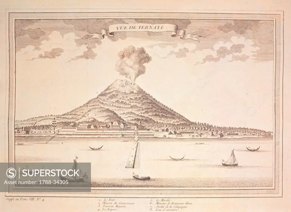 View of Ternate Island in the Indonesian archipelago of the Moluccas, a Dutch colony, Indonesia 18th century.