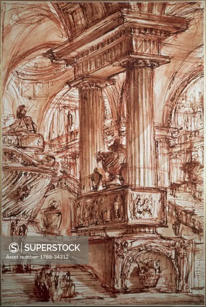 Architectural interior and staircase, by Giovanni Battista Piranesi (1720-1778), drawing.