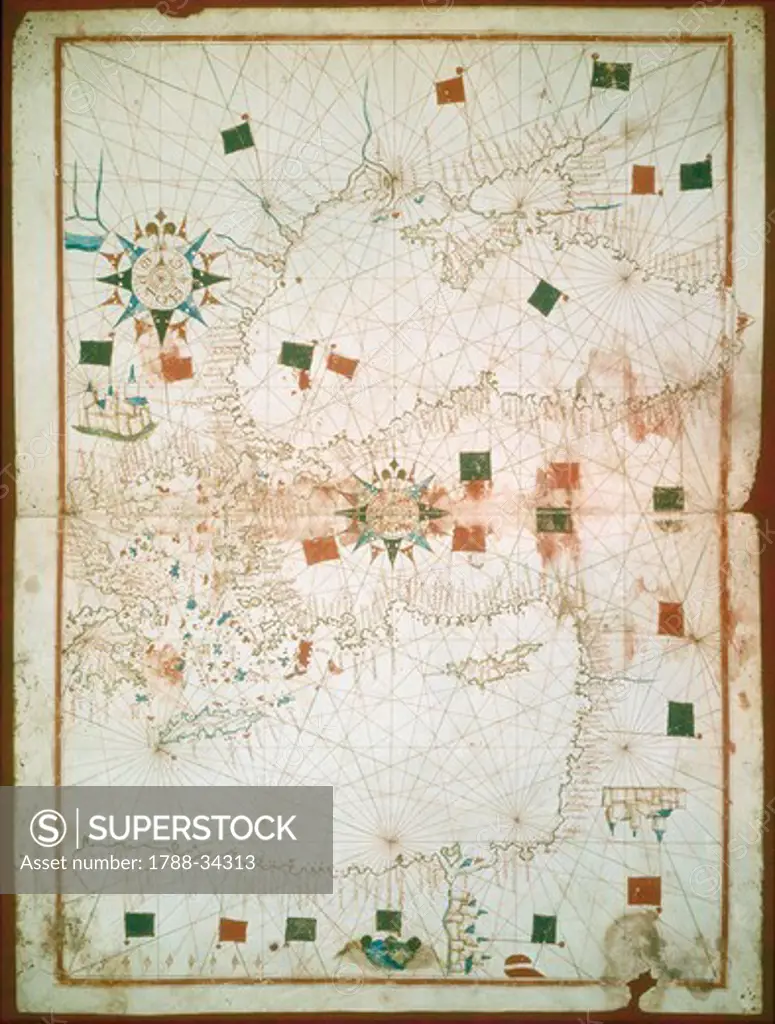 Cartography, 16th century. Portolan chart of the Mediterranean and Black Sea probably by cartographer Joan Martines.