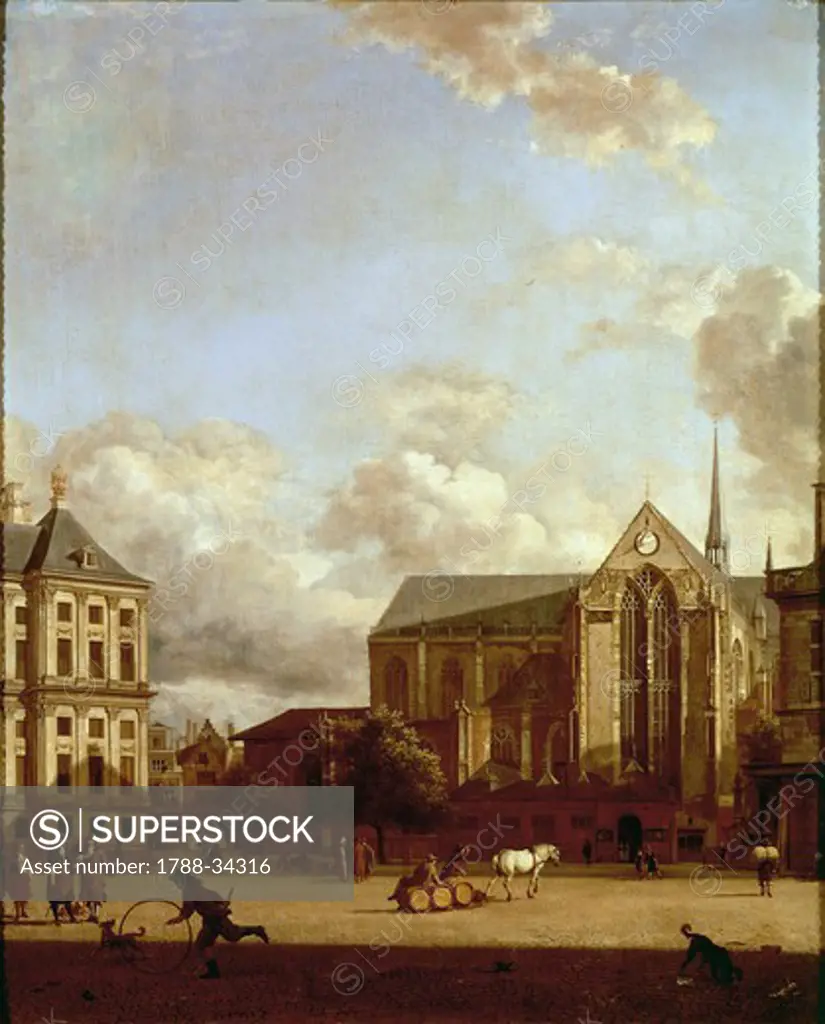 Jan van der Heyden (1637-1712). Dam Square in Amsterdam with the Nieuwe Kerk (New Church) and the Koninklijk Paleis (Royal Palace) on the left.