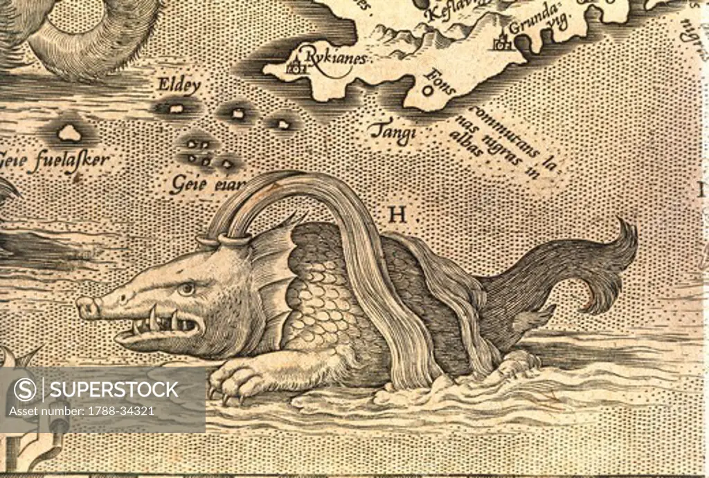 Cartography, 16th century. Detail of a geographical map depicting a monstrous sea creature.
