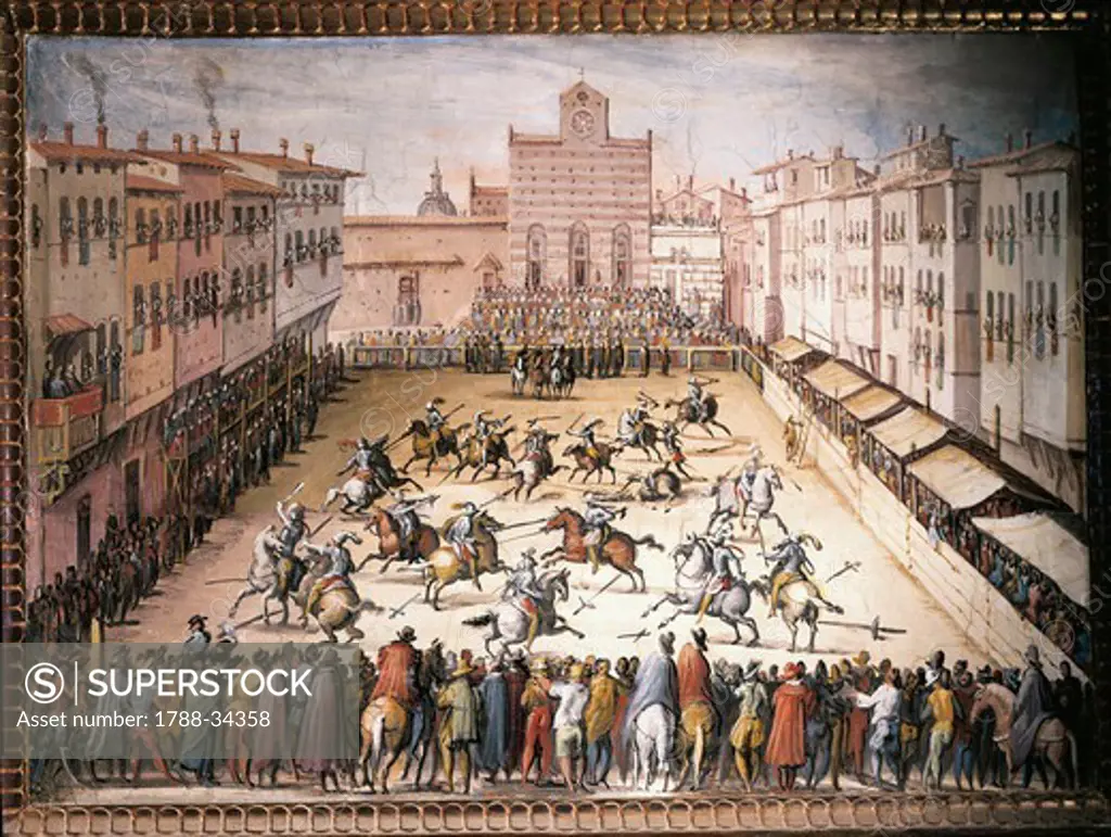 Italy, 16th century. Jousts in Santa Croce Square in Florence.