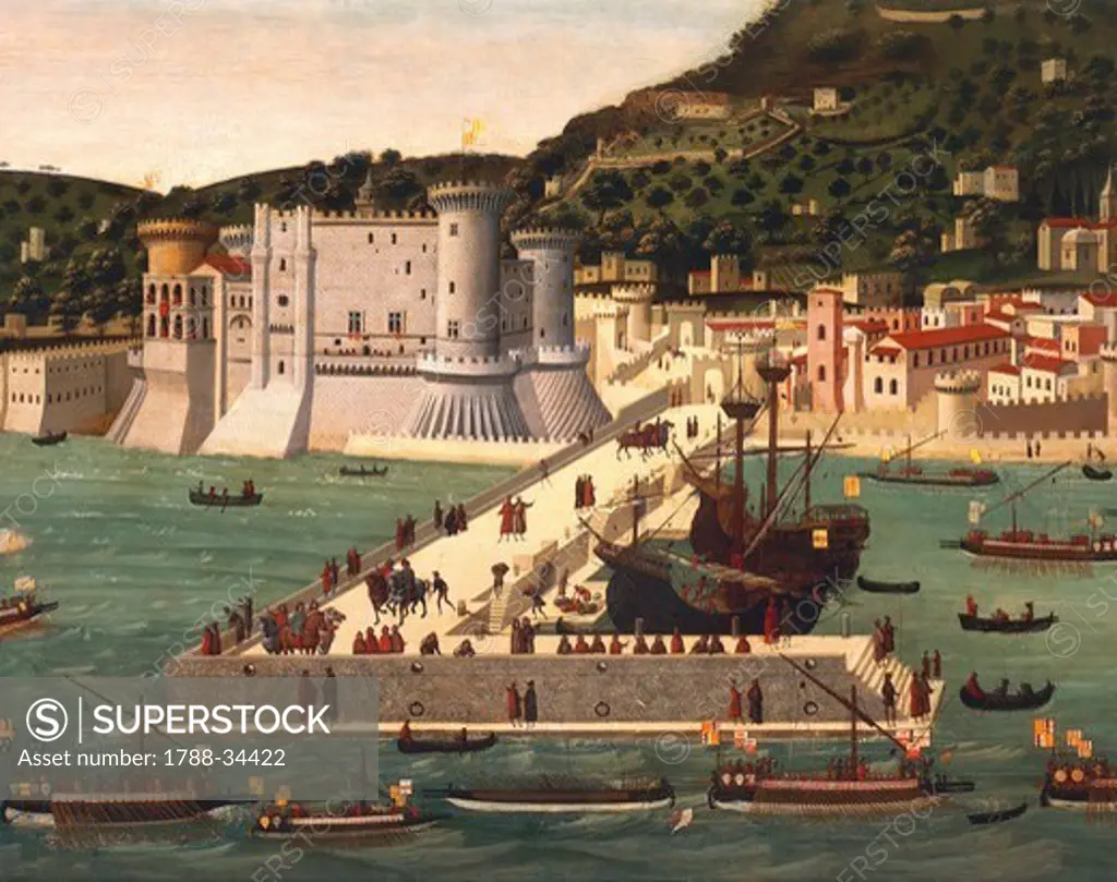 Unknown artist from the Neapolitan School, 15th century. The Tavola Strozzi, portraying the Aragonese fleet returning victorious into Naples Port after the Battle of Ischia, 12th July 1465. Tempera paint on a panel, 1472. Detail.