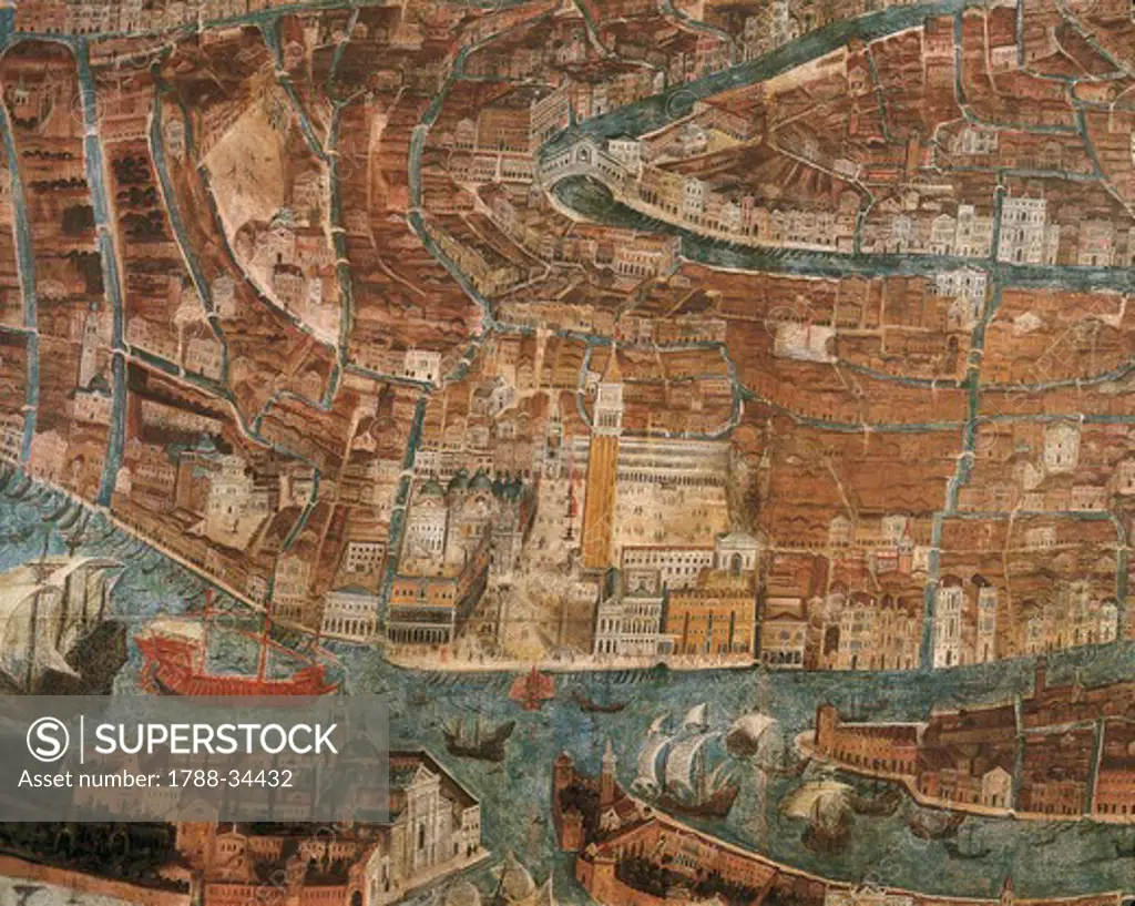 Italy, 16th century. Birds eye view of Venice. Detail with St. Mark's Square.