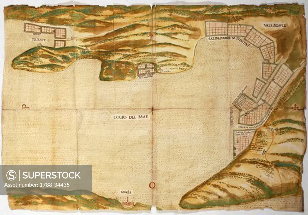 Cartography, Italy, 16th century. Saltworks in the Gulf of Trieste, engraving.